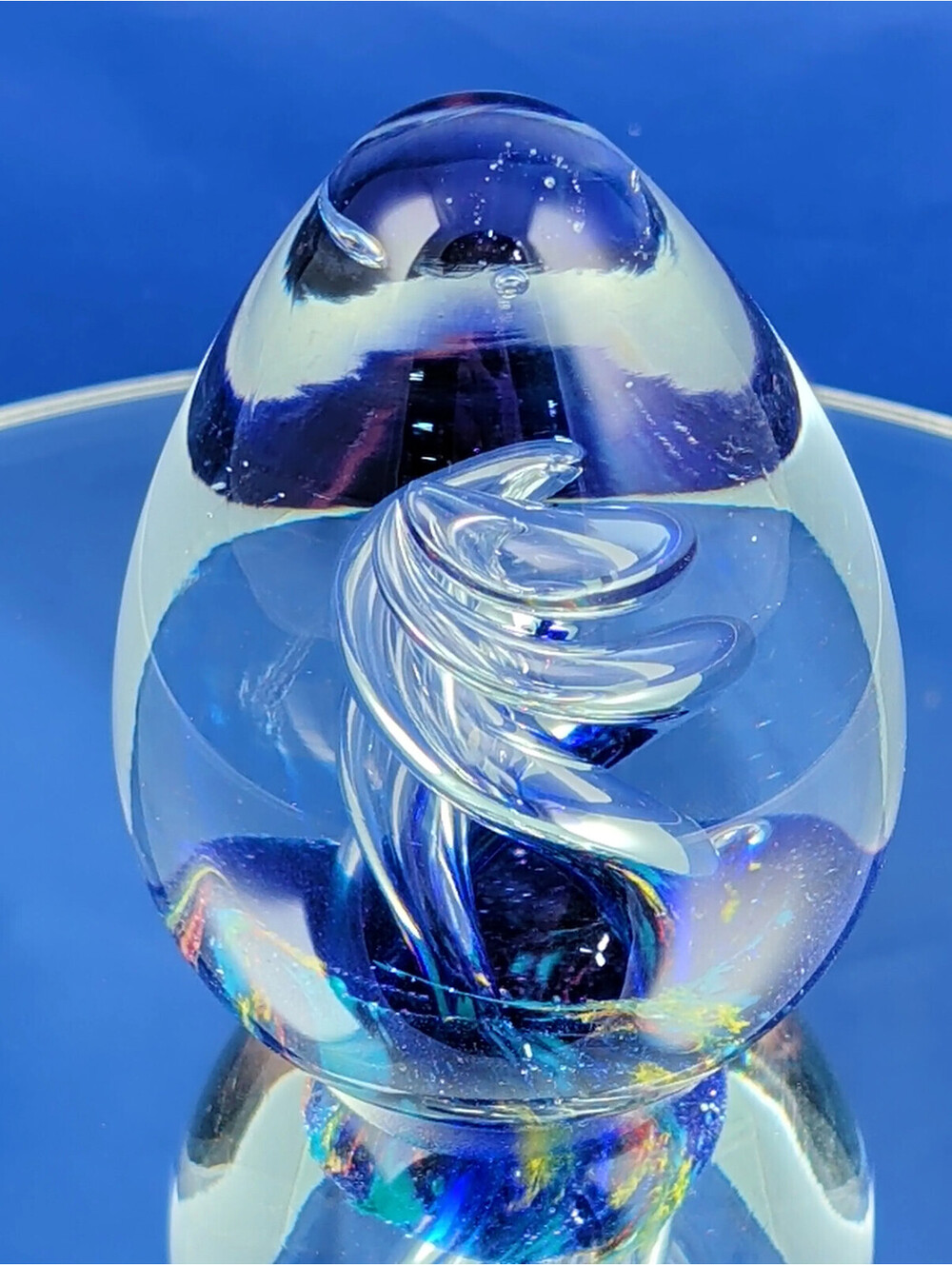 Art Glass Paperweight Blue Dichroic Swirl Teardrop 4" Tall